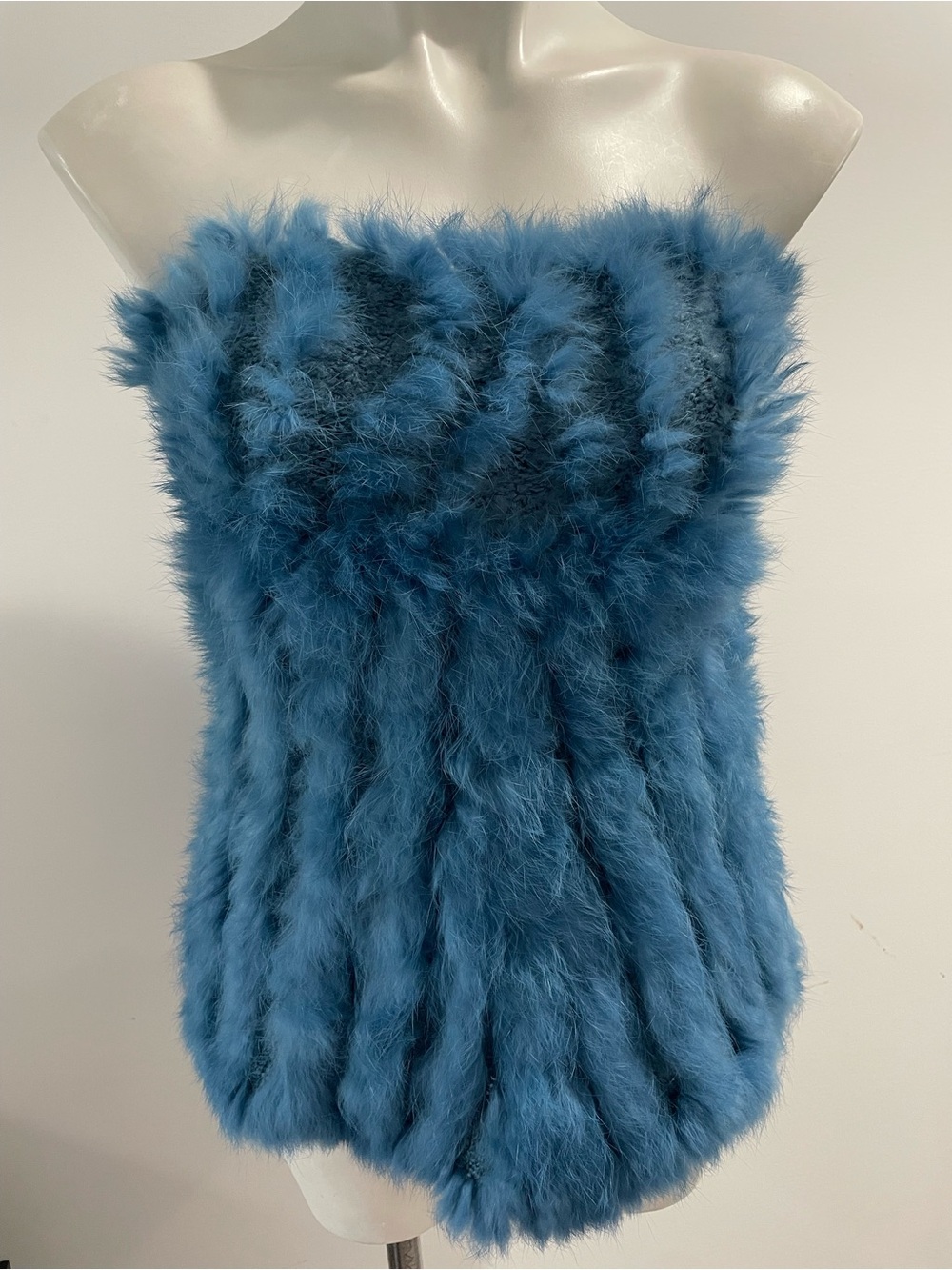 Bebe Blue Rabbit Fur Strapless Top Small Knit Sweater & Fur Strips